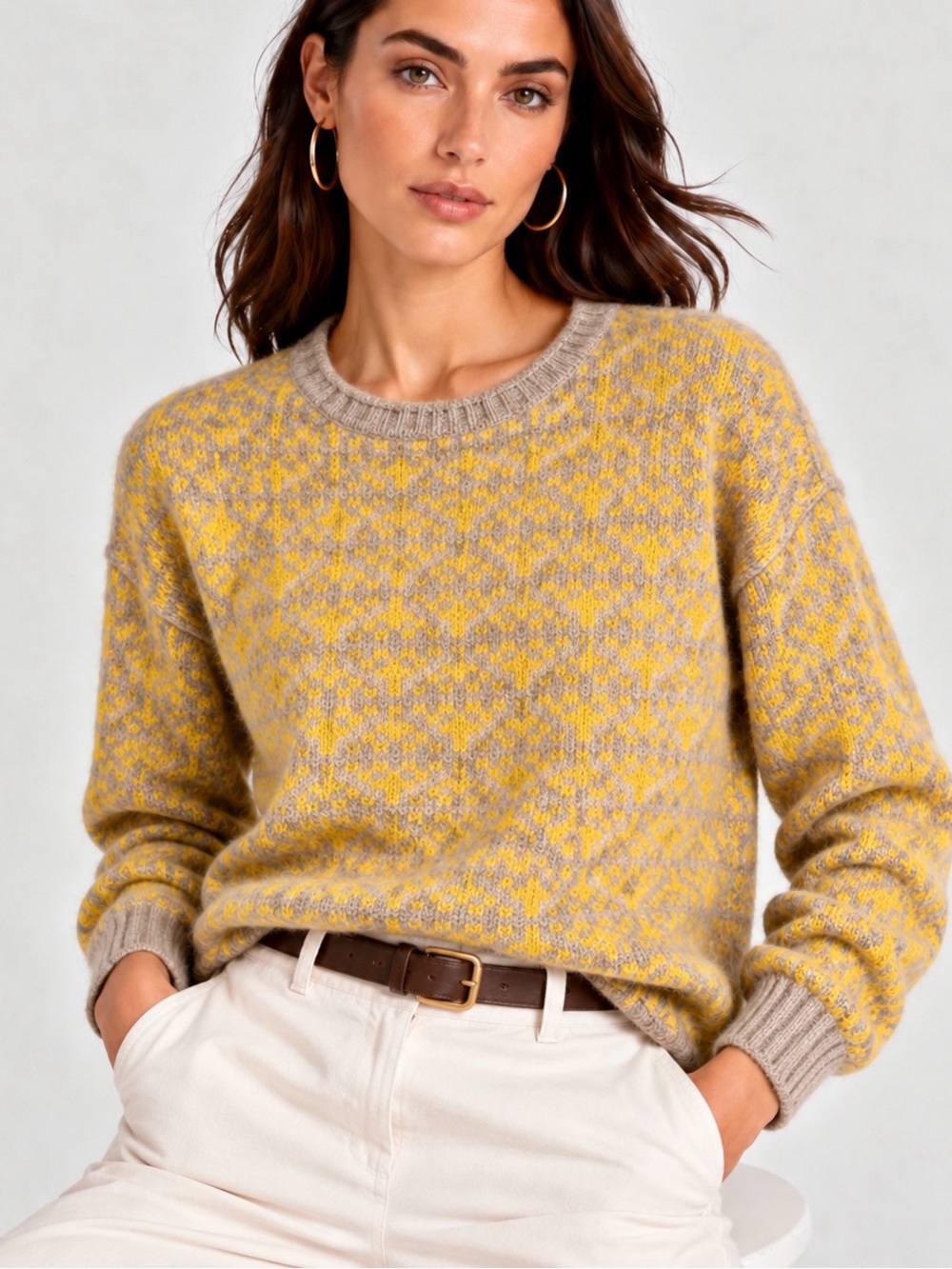Sundance Lambswool Angora Fair Isle Nordic Boxy Sweater M Yellow Beige Autumn